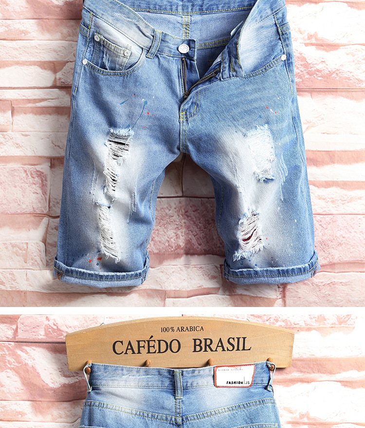 abbigliamento da uomo alla moda, pantaloncini estivi in denim strappato, pantaloni a gamba dritta attillati in cinque pezzi_voghion.com