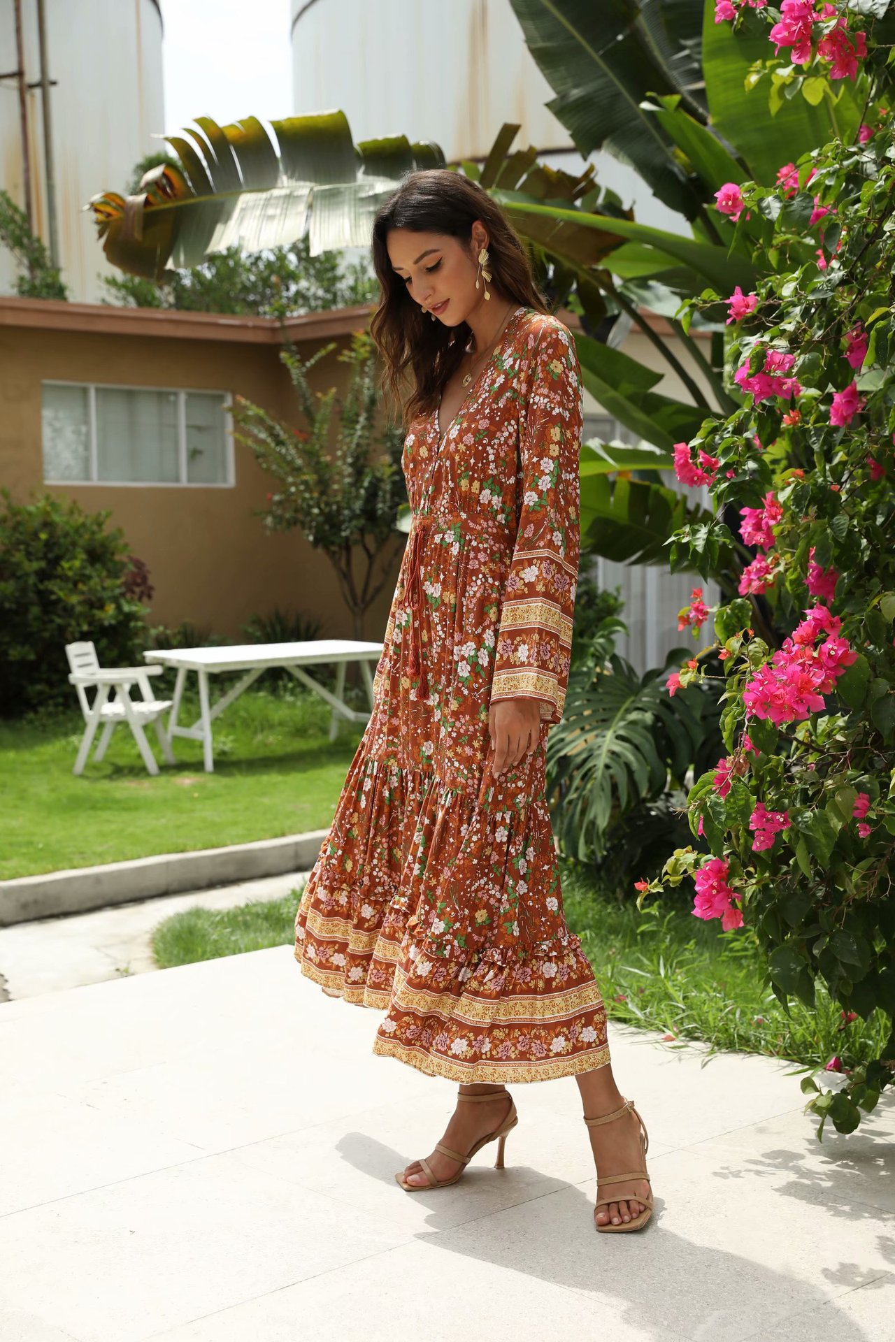 Bohemian floral V-neck long dress  NSAM10850