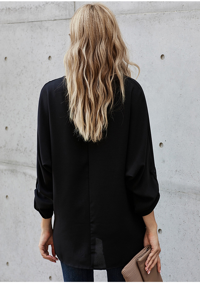 women new solid color fashion v-neck pullover chiffon shirt NSSI2964
