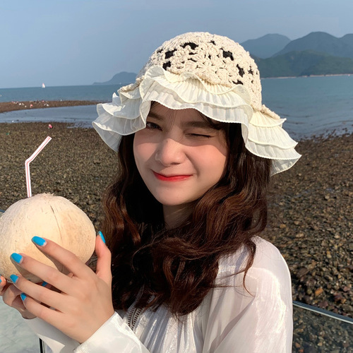 Hat women's all-match handmade cotton hat for all seasons, small fresh lace fisherman hat ins Korean version all-match sun hat