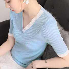 纯色简约针织衫女修身显瘦2020春夏款洋气V领短袖打底衫