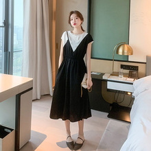 木瓜牛奶新款韩版夏季女裙时尚黑白撞色拼接短袖气质中长款连衣裙