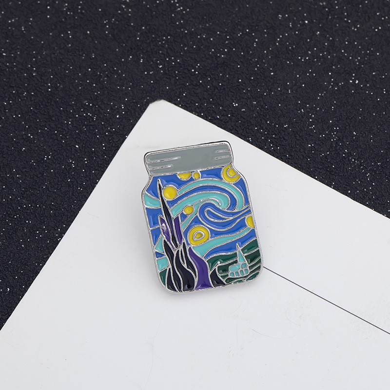 Cartoon Van Gogh Oil Painting Fantasy Starry Sky Bottle Alloy Dripping Oil Metal Brooch display picture 3