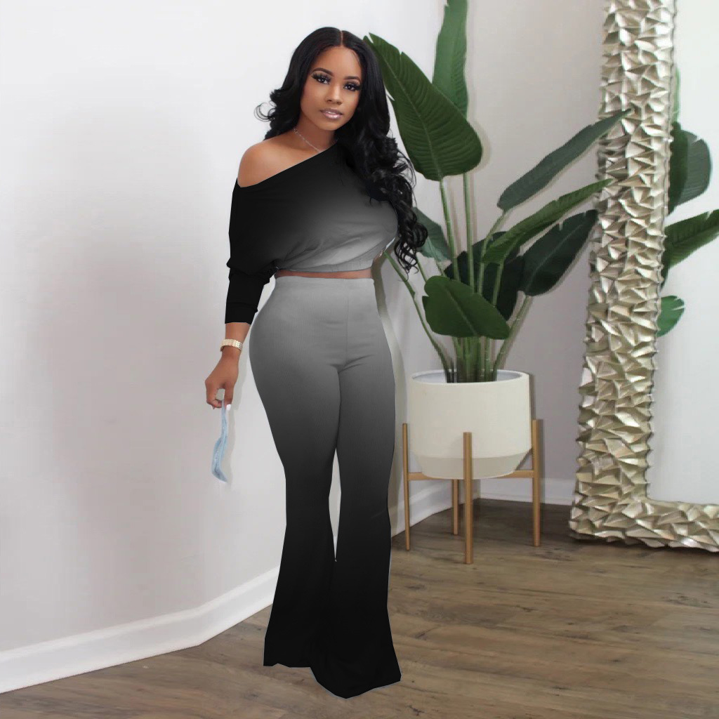 Gradient Color Oblique Shoulder Top & Flared Pants 2 Piece Set NSBTY96953