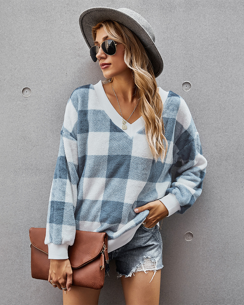 fashion flannel v-neck plaid top NSDY7347