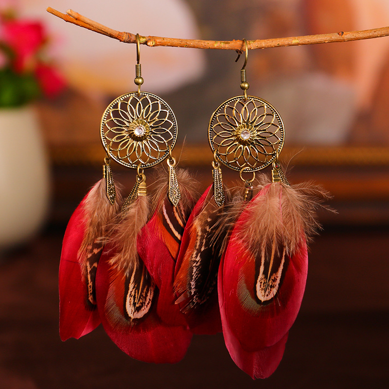 Fashion Hollow Sunflower Diamond Long Tassel Multi-layer Feather Earrings display picture 6