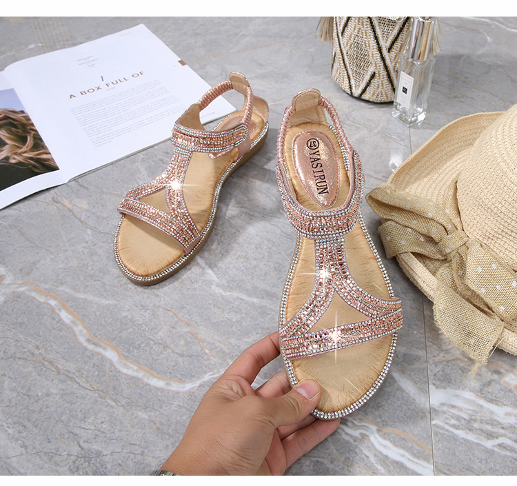 2025 New cross-border sandals Bohemian-style women's shoes summer hollowed-out flat diamond sandals Womanshoes undefined