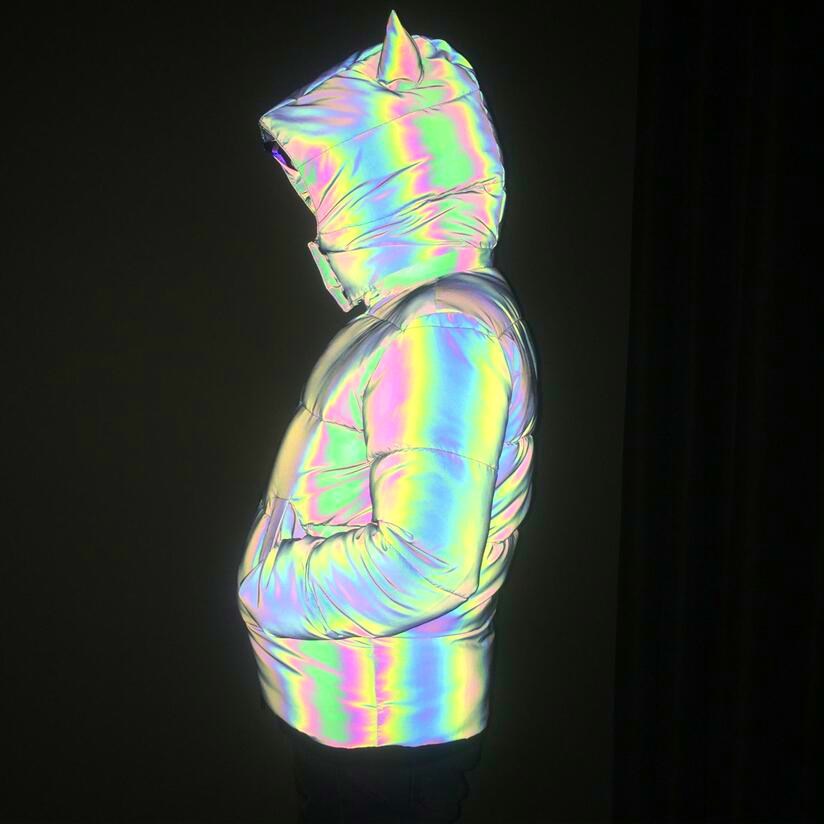Herrenbekleidung, modischer, farbenfroher, reflektierender Baumwollmantel für Frauen, süßer, dreidimensionaler Tierhorn-Regenbogenfarben-Leuchtbaumwollmantel_voghion.com