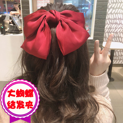 日系发卡头饰夹子潮后脑勺弹簧夹发绳丝绸缎面网红色大蝴蝶结发夹|ms