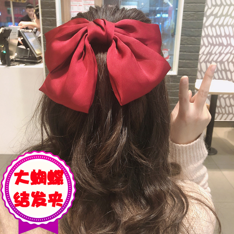 日系发卡头饰夹子潮后脑勺弹簧夹发绳丝绸缎面网红色大蝴蝶结发夹|ms