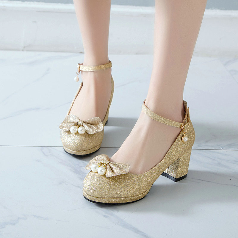 Wedding Shoes Golden Wedding Shoes Bow Tie Single Shoes Sequins Bridesmaid Shoes High Heel Bride Shoes Round-toe Wedding Shoes