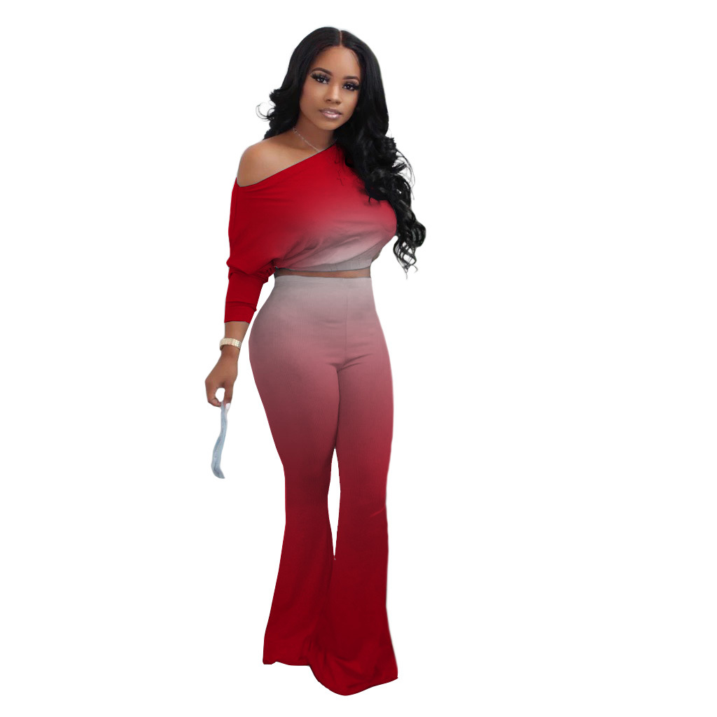 Gradient Color Oblique Shoulder Top & Flared Pants 2 Piece Set NSBTY96953