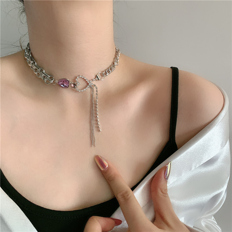 Purple Love Rhinestone Tassel Thick Necklace Clavicle Chain Wholesale display picture 2