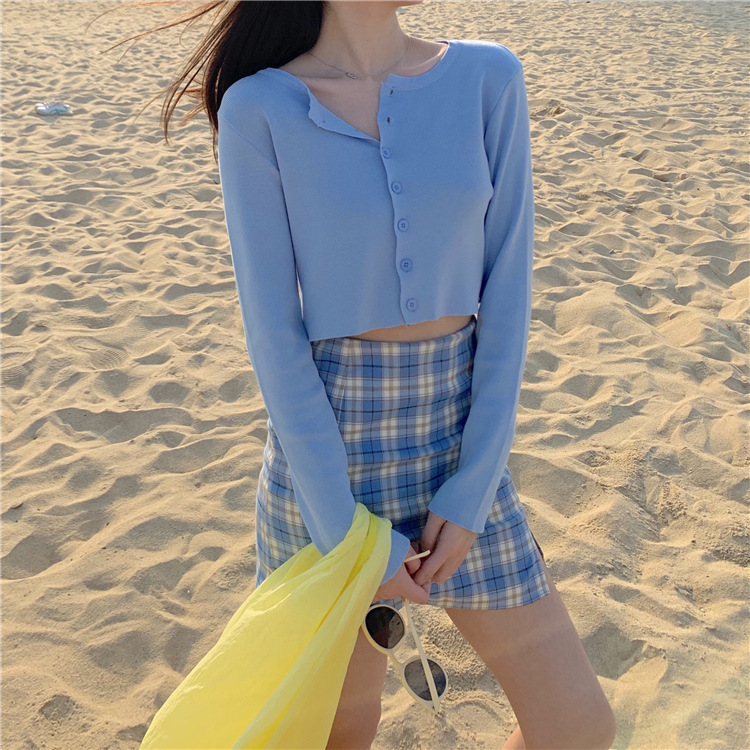 Short cropped cropped single-breasted knitted cardigan 2022 spring new slim slimming air conditioning shirt long sleeve top for women