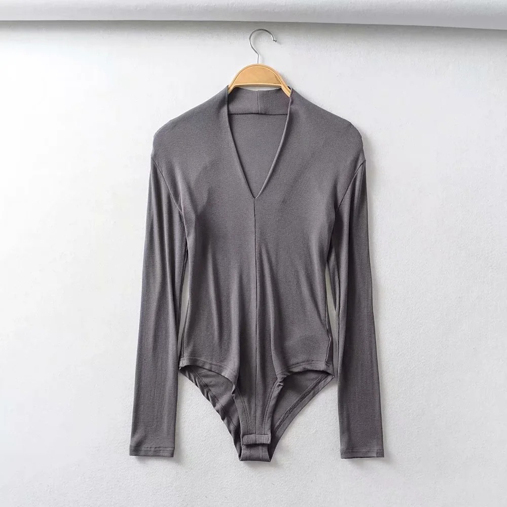 Aliexpress 2020 Autumn new European and American sexy deep V-neck swan neck slimming body slimming jumpsuit long sleeve T-shirt women