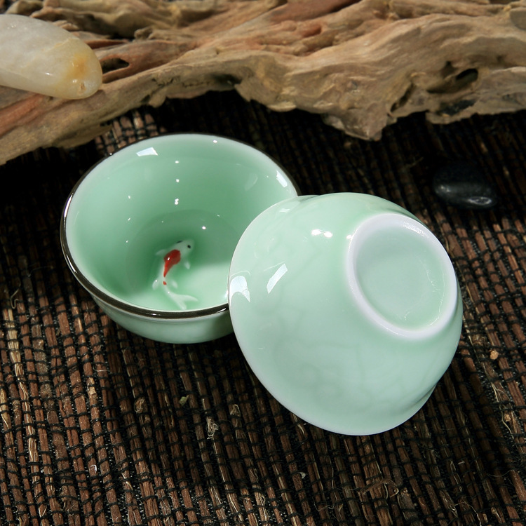 青瓷手绘鲤鱼茶具茶碗主人杯普洱杯功夫茶杯品茗杯耳杯礼品加logo