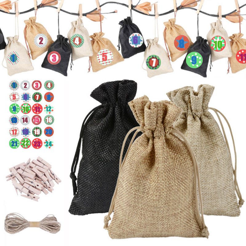 Christmas combination Packaging bag Countdown Candy Bag Christmas gift Storage bag Flax Drawstring Beam port Cloth bag