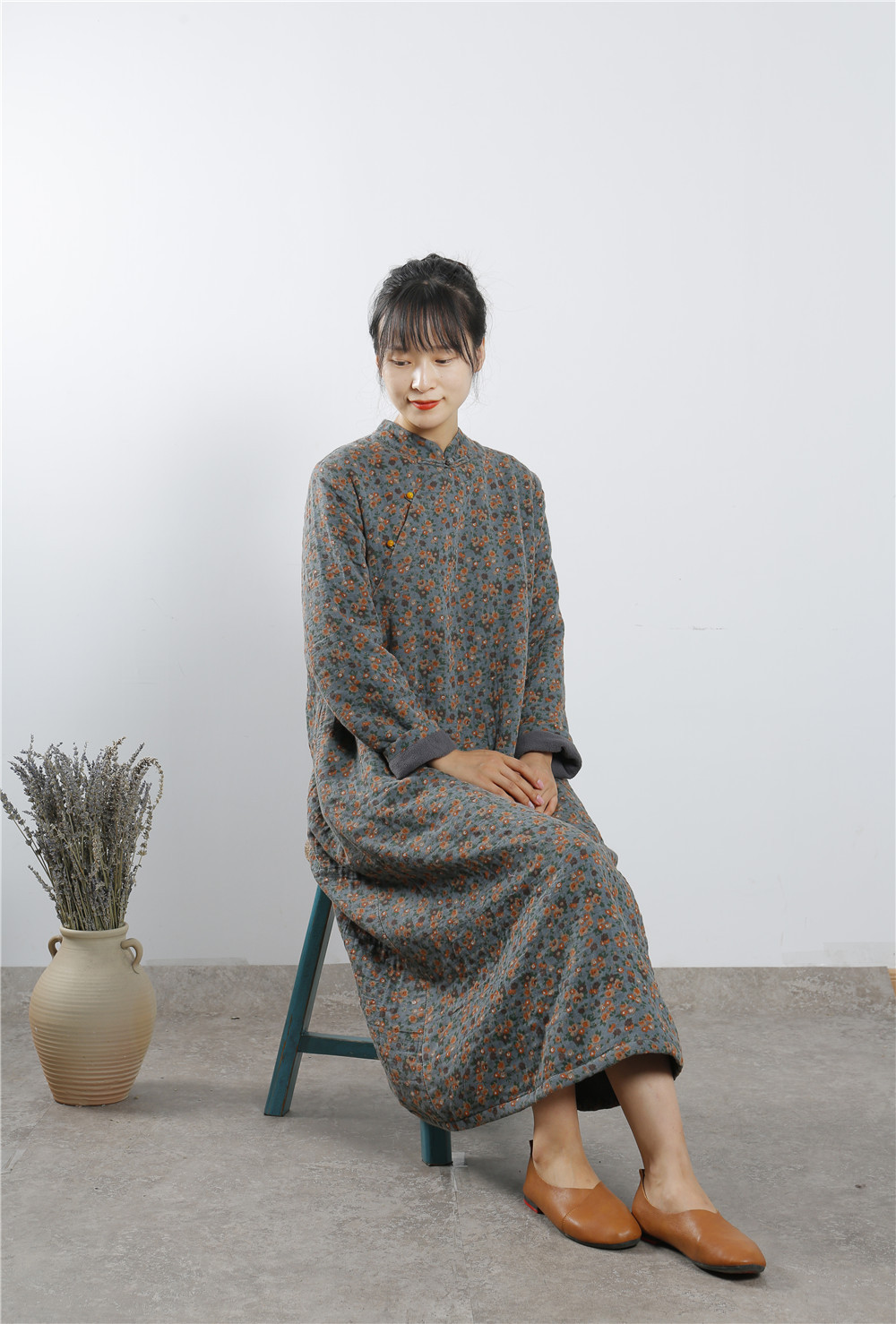 原创冬装加绒打底袍子复古立领改良旗袍摇粒绒里盘扣连衣裙T19199