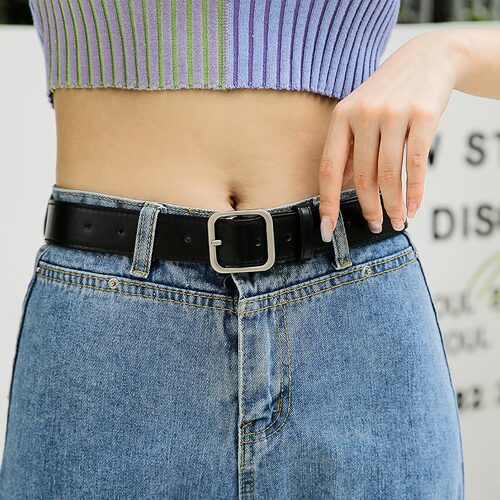 Black leather women's fashion belt with black decorative jeans, multi-hole needle buckle, Instagram Korean-style fashion slim belt