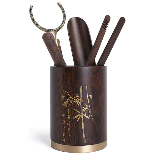 Ebony Six Gentlemen Tea Ceremony Accessories Pen Holder Tea Bucket Kung Fu Brass Whole Solid Wood Log Parts Kung Fu Tea