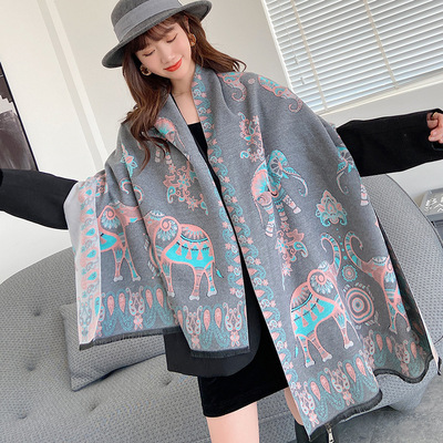秋冬加厚新款圍巾女雙面大象仙鶴圖案流蘇長巾韓版保暖大披肩