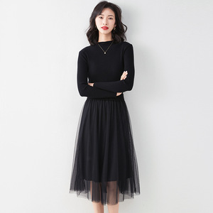 Temperament fake two piece knitted dress medium length sweater stitching mesh skirt