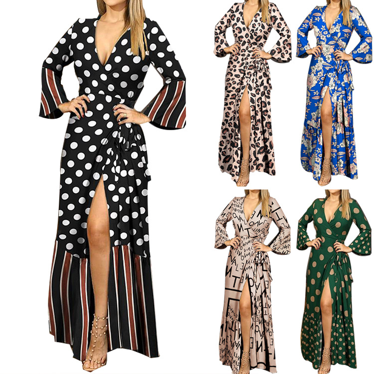 2021 Europe and America Amazon Early Autumn new pattern printing Deep v-neck Self cultivation Irregular Split ends sexy Dress