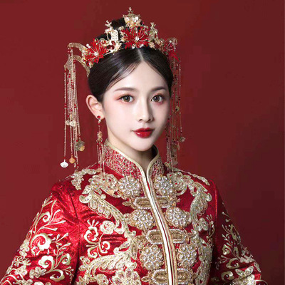 Chinese bridal headdress Antique Xiuhe Hair Crown Phoenix crown tassels Xiuhe hair accessories women