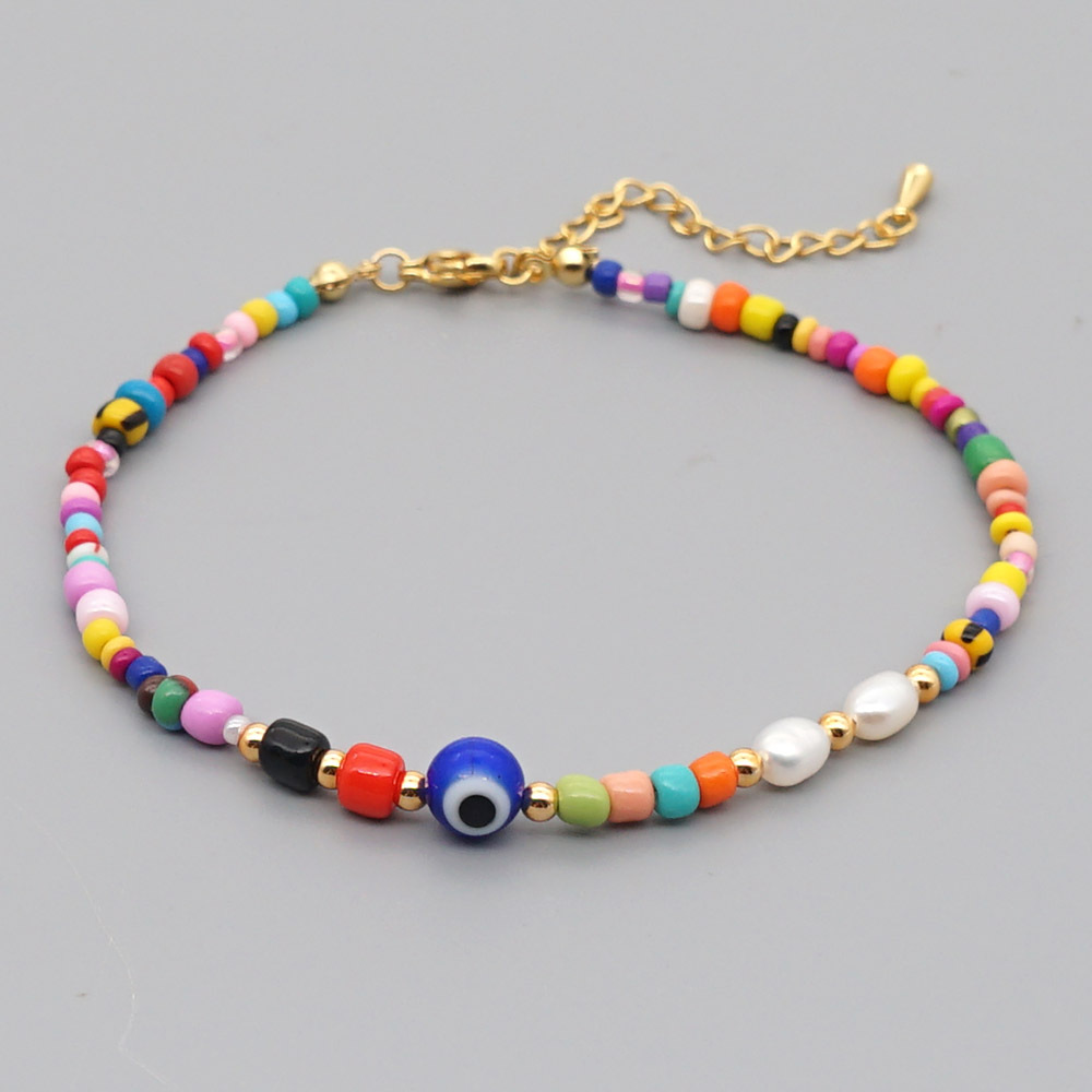 Bohemian Ethnic Style Eye Beads Rainbow Rice Beads Baroque Natural Freshwater Pearl Anklet Women display picture 2