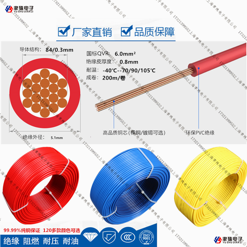 厚壁PVC绝缘汽车纯铜导体国标QVR-105度阻燃电线电缆6.0平方导线