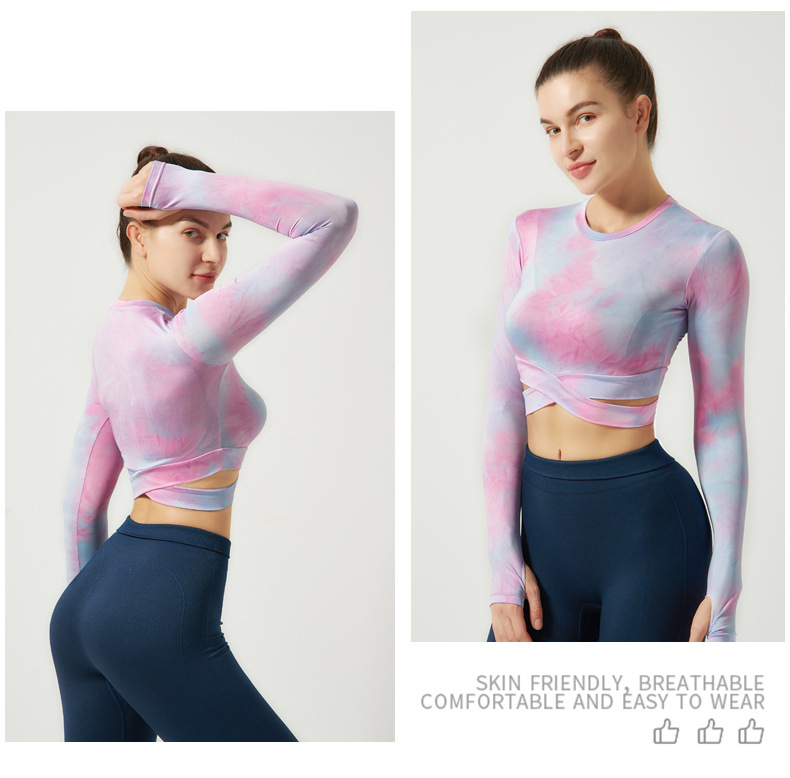 Long Sleeve Tie Dye Slim O-neck Asymmetrical Activewear Crop Top