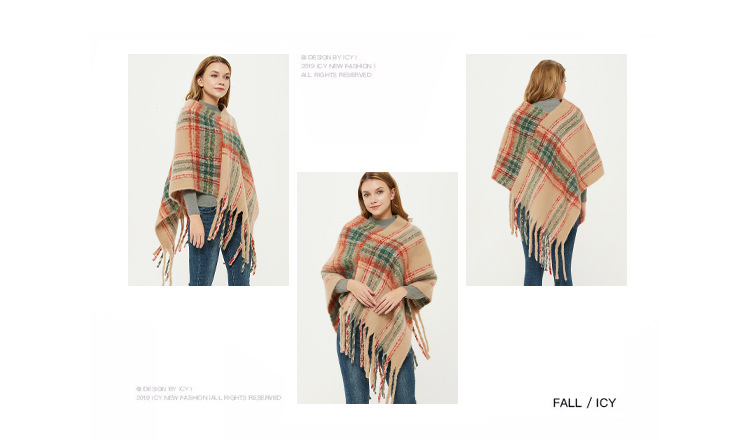 Unisex Thickened cape for women with fine check and coarse fringe pullover_voghion.com
