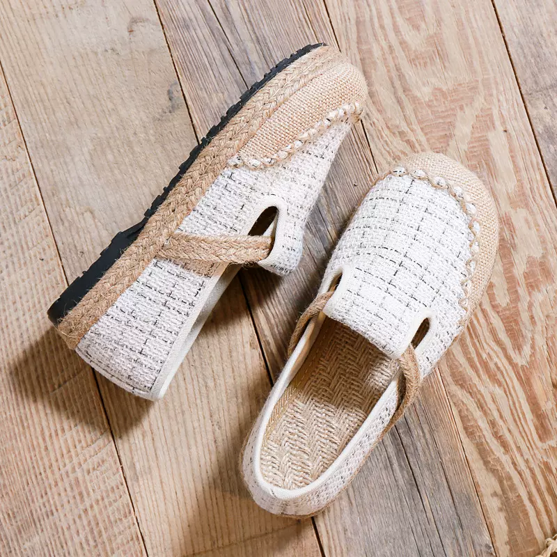 2020春季新款亚麻鞋女 原创文艺森女系单鞋 车缝线格子透气布鞋