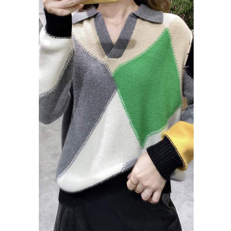 翻领山羊绒衫4条毛加厚套头拼色色块针织毛衣女装代发|ru