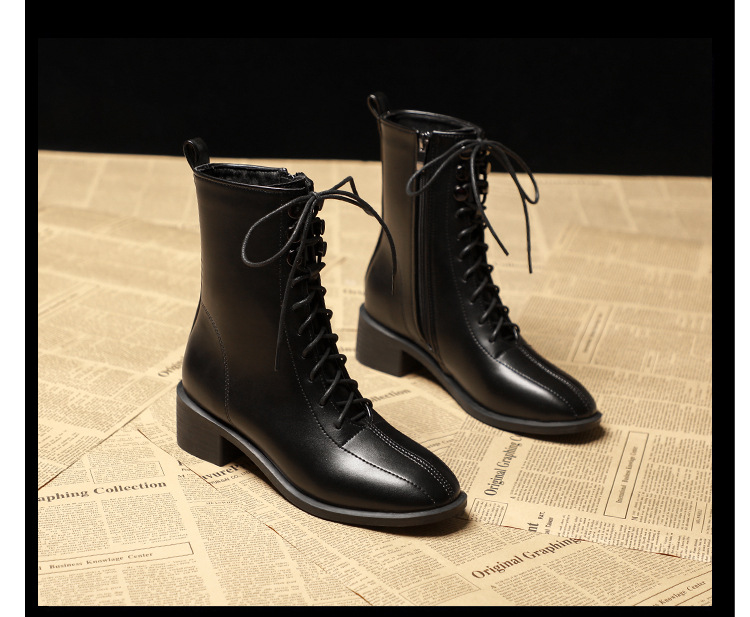 Women's Shoes new slim leg women's short boots mid tube boots lace up Martin boots versatile British style slim boots thick heels_voghion.com