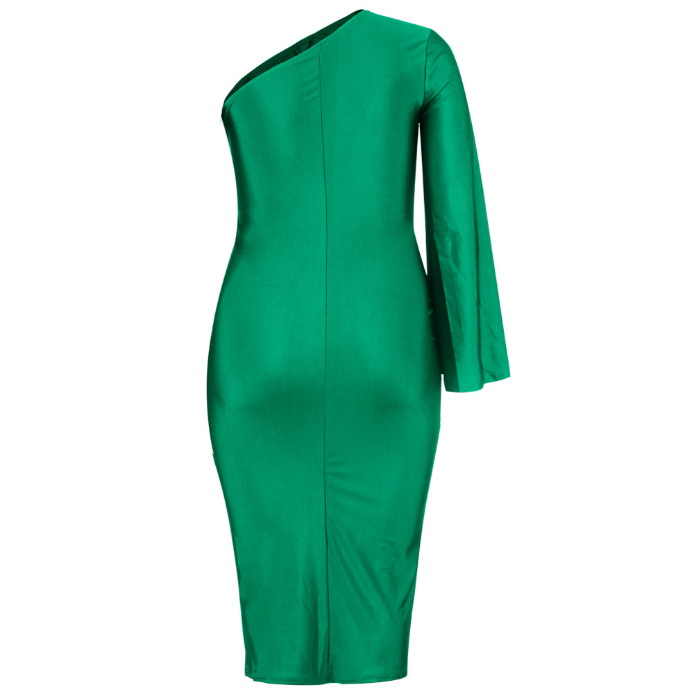 Oblique Shoulder Long Short Sleeve Slim Strappy Dress NSWNY58556