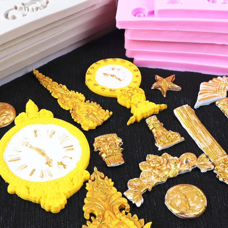 Fondant estilo Europeo en relieve de silicona molde gema pastelería de chocolate molde para hornear reloj decoración de la torta del molde de la torta