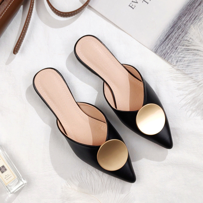 Sommer neue Baotou Half-Drag-Sandalen Damen spitze Zehen flacher Boden faule Leute tragen ein Pedal Müller große Größe 41-42_voghion.com