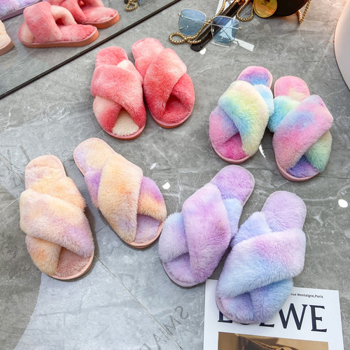 Women's autumn and winter fashionable furry slippers colorful cross open toe cotton slippers Amazon wish specializes in large size home furry slippers