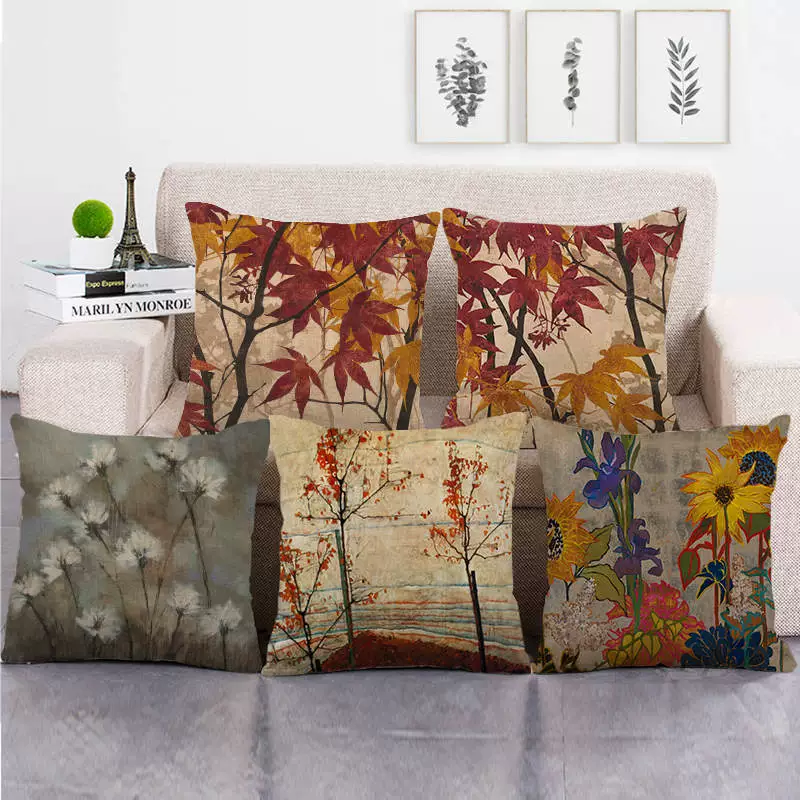Наволочка без наполнителя из льна с рисунком масляной живописи осенних листьев, изготовление по рисунку (артикул 1282)