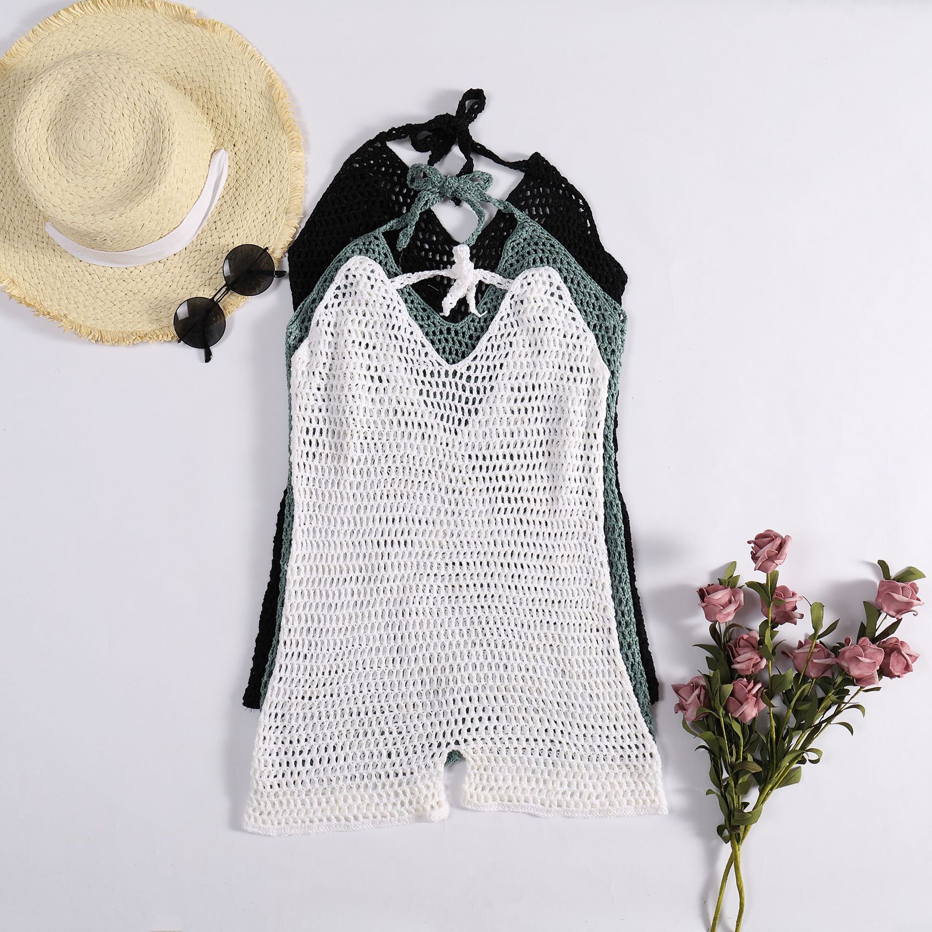 Sexy Crochet Knitted V-neck Suspenders Backless One-piece Beach Pants display picture 2