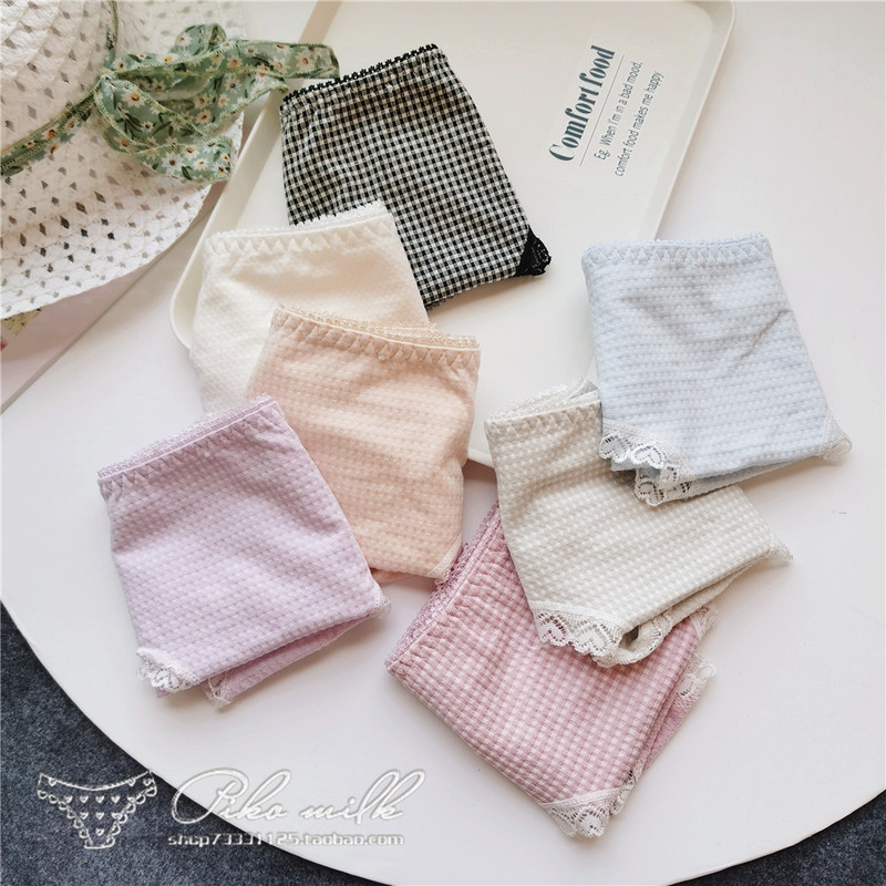 Plaid Control# Cute Plaid Cotton Lace Girls' Low Waist Women's Underwear Plaid Control# Cute Plaid Cotton Lace Girls' Low Waist Women's Underwear