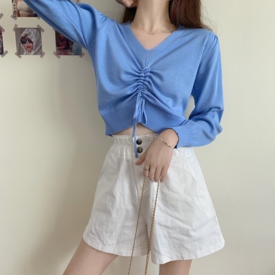 秋季新款百搭韩版短款针织衫女纯色抽绳修身显瘦露脐v领长袖上衣
