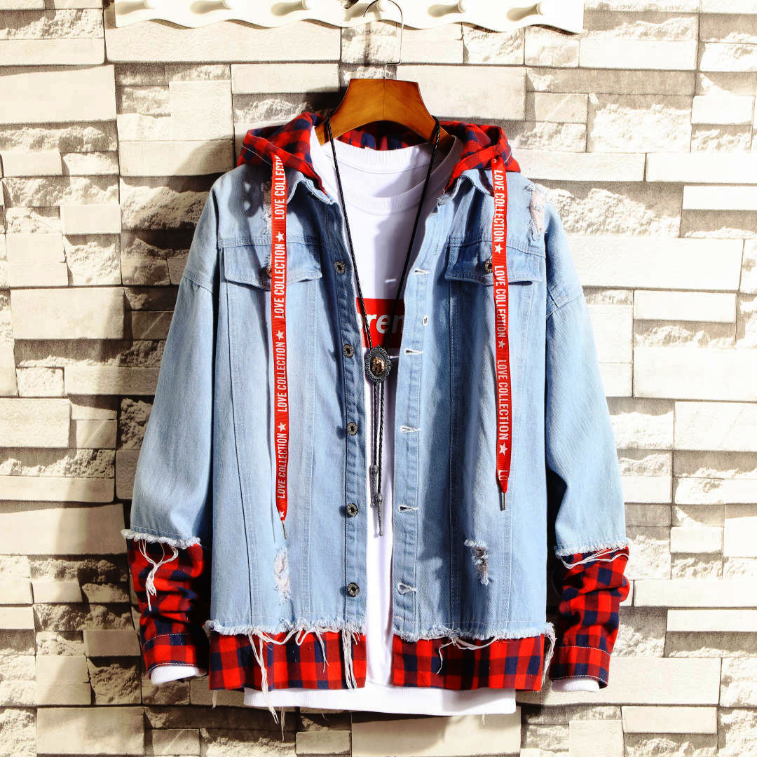 Autumn and winter hooded denim jacket me...