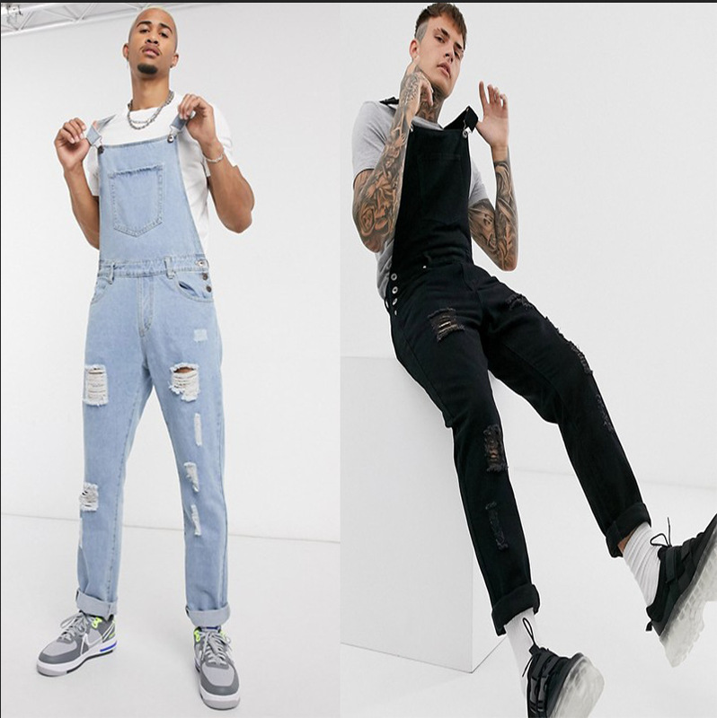 Solid color suspender pants men's clothing Amazon foreign trade Men's Denim suspender pants jeans new pants jumpsuit men's