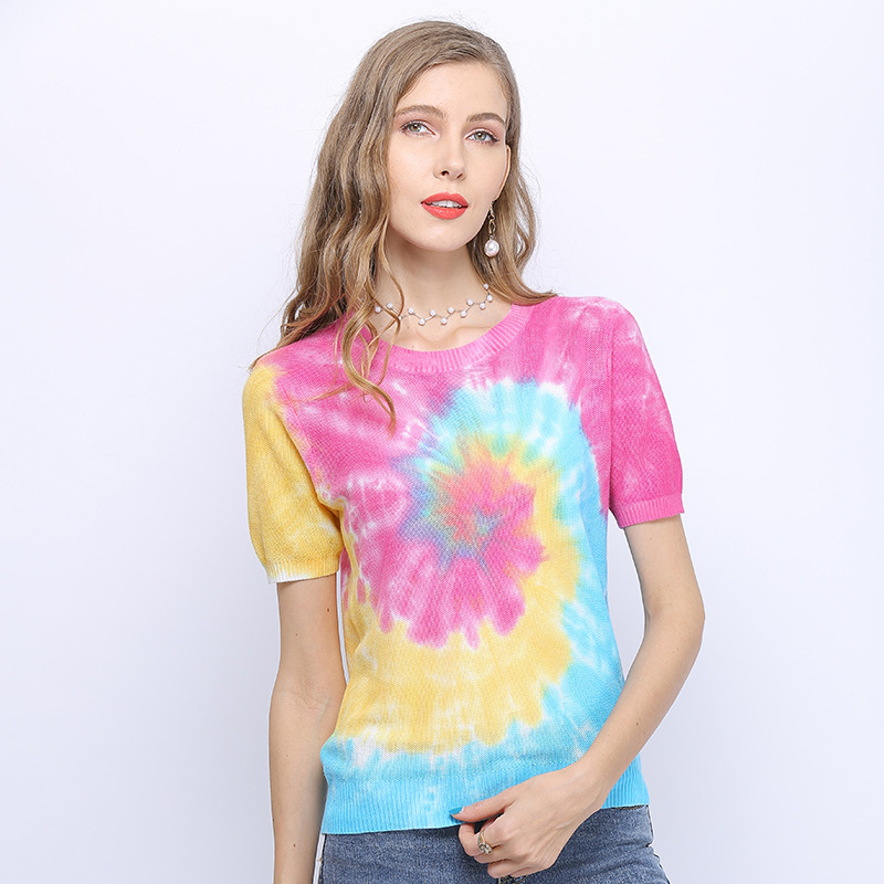 Tie Dyed Short Sleeve Thin Knitted Pullover Round Neck Loose Top