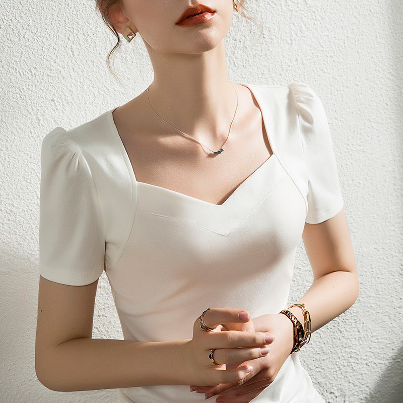 French Solid Color Puff Sleeve T-shirt Women's Short-sleeved Slim-fit Chicken Collar Cotton White Top Summer New French Solid Color Puff Sleeve T-shirt Women's Short-sleeved Slim-fit Chicken Collar Cotton White Top Summer New