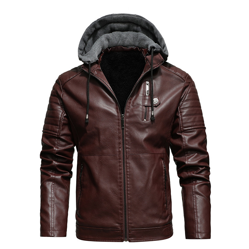 New Style Leather Men's Leather Clothes Youth Men's Coats Plush Hooded Fur Men's Coats