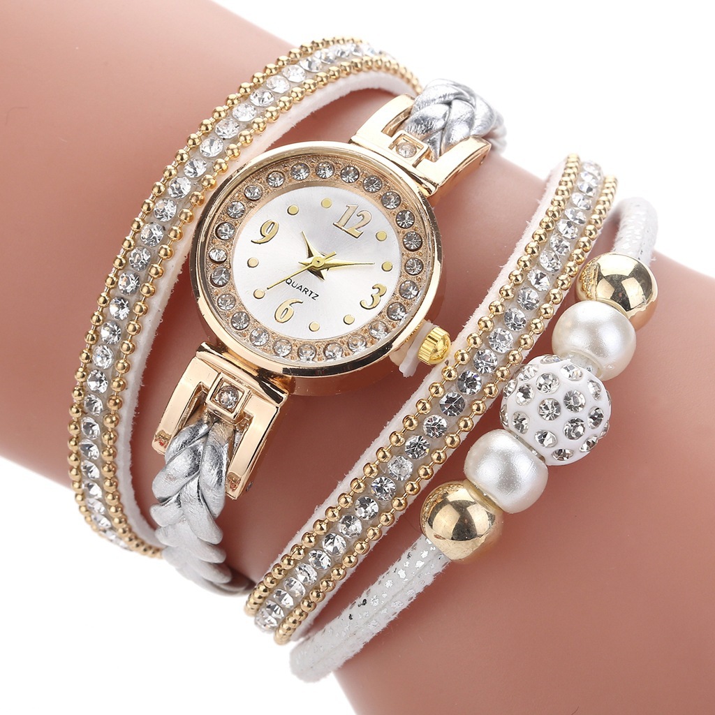 Fashion  Round Bracelet Diamond-studded Pearl Beaded Pu Belt Watch display picture 10