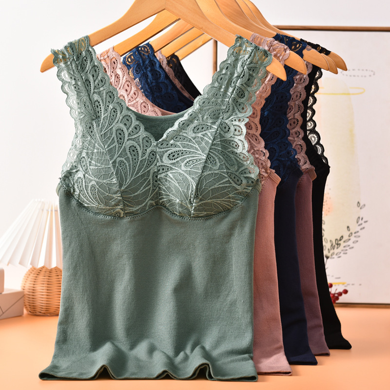 毛圈棉保暖背心带胸垫 V领凤尾蕾丝保暖毛圈发热吊带背心厂家直销|ms